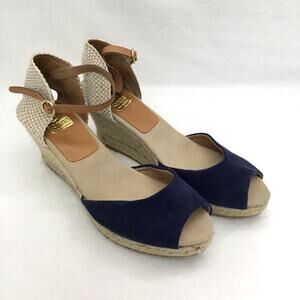 Kana Navy Designer Sandals Leather Canvas Straw Wedges Made In Spain Sz 40 us 9